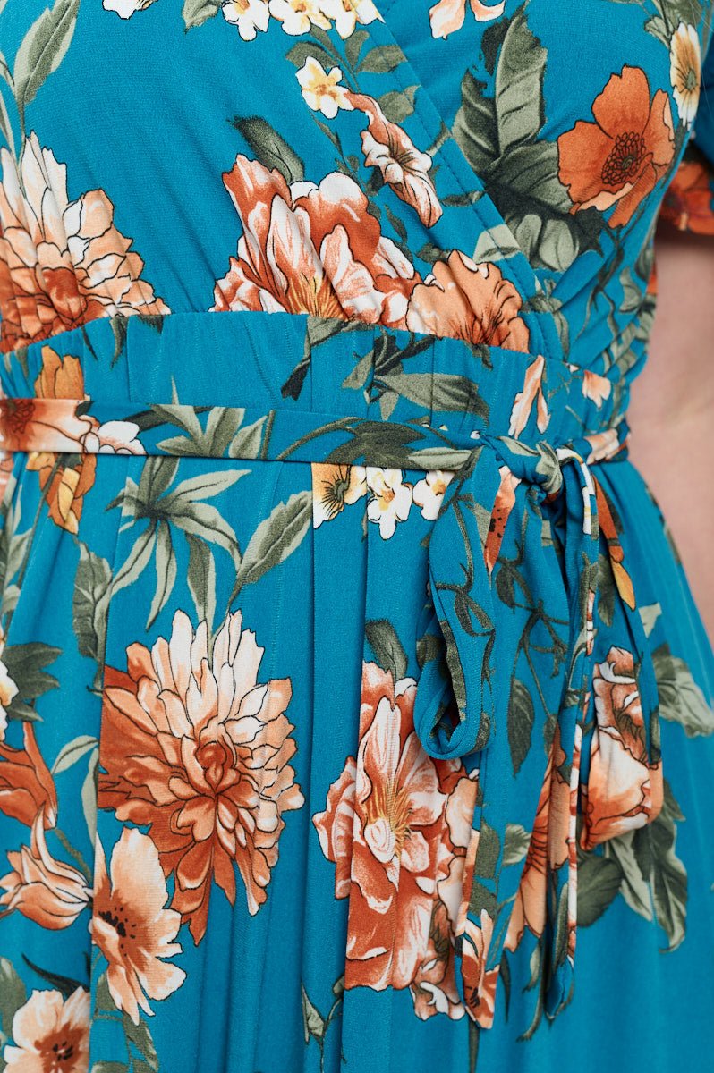 Image of West K Georgia Faux Wrap Hi - Lo Knit Dress Teal Orange Floral