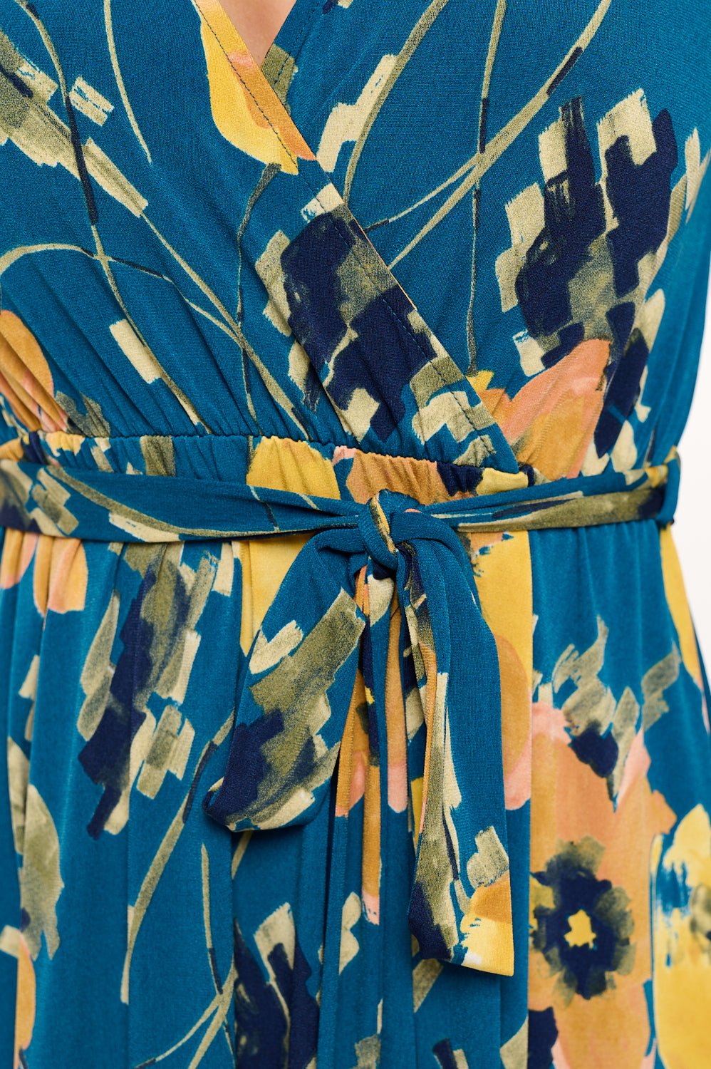 Image of West K Georgia Faux Wrap Hi - Lo Knit Dress Teal Yellow Floral
