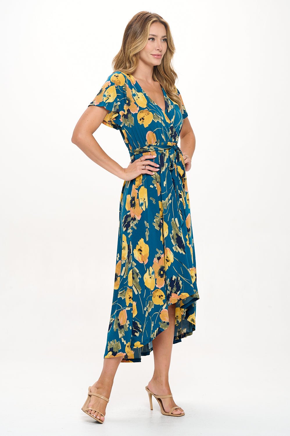 Image of West K Georgia Faux Wrap Hi - Lo Knit Dress Teal Yellow Floral