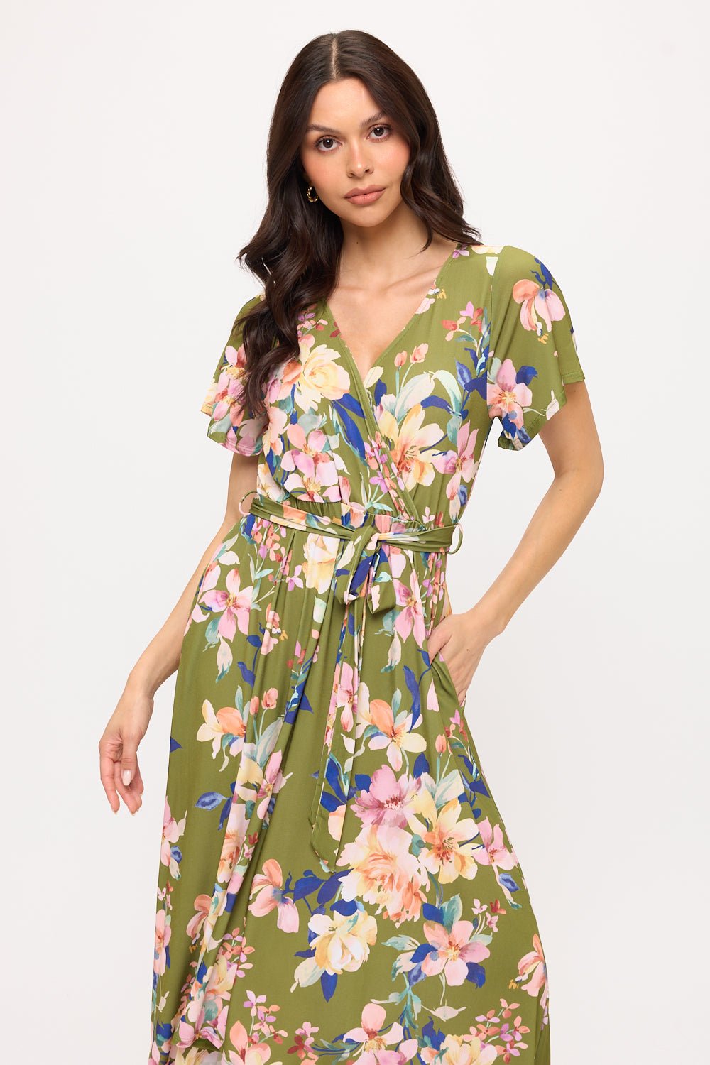 Image of West K Georgia Faux Wrap Knit Dress Army Green Floral