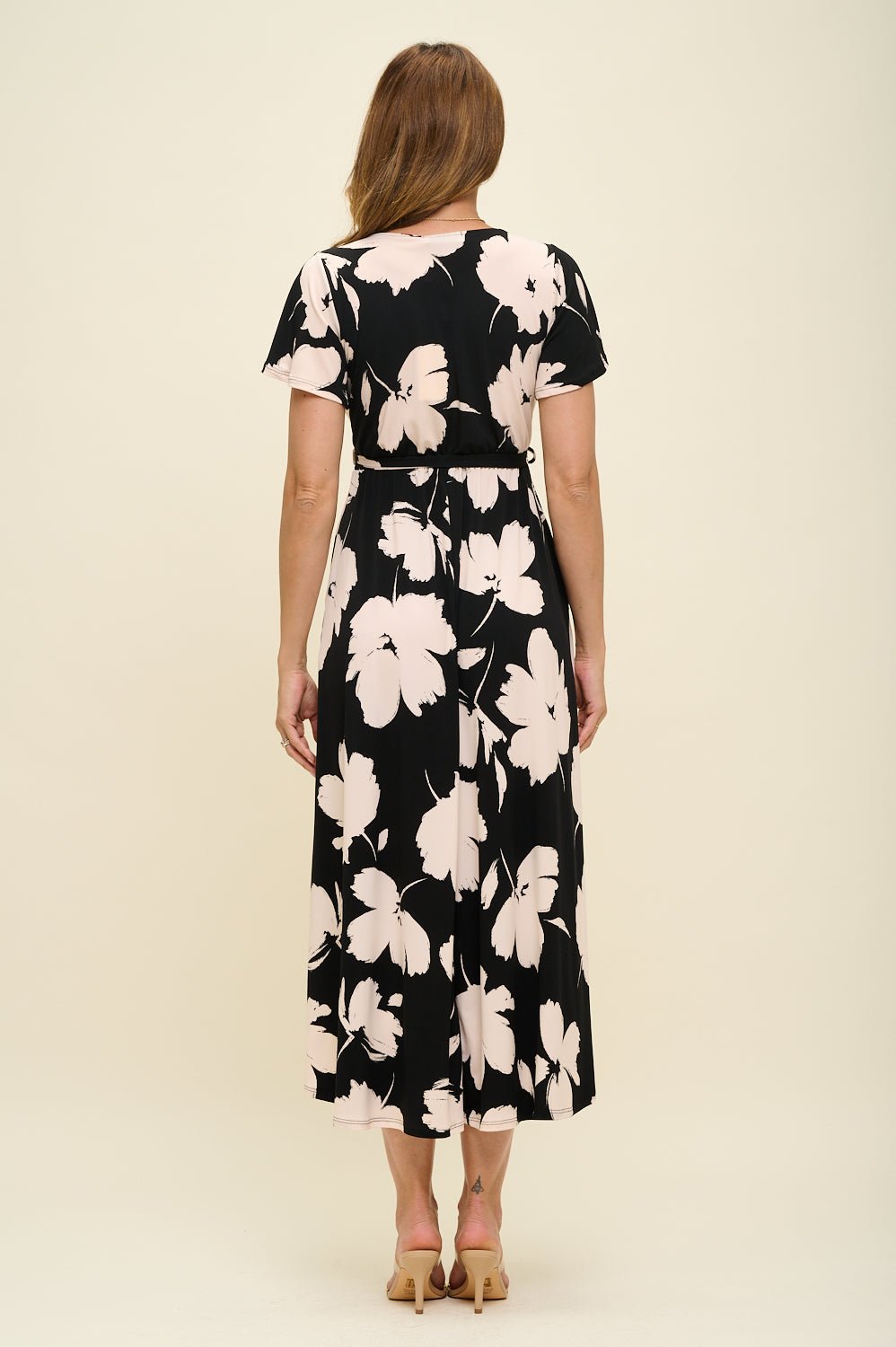 Image of West K Georgia Faux Wrap Knit Dress Black Tan Floral