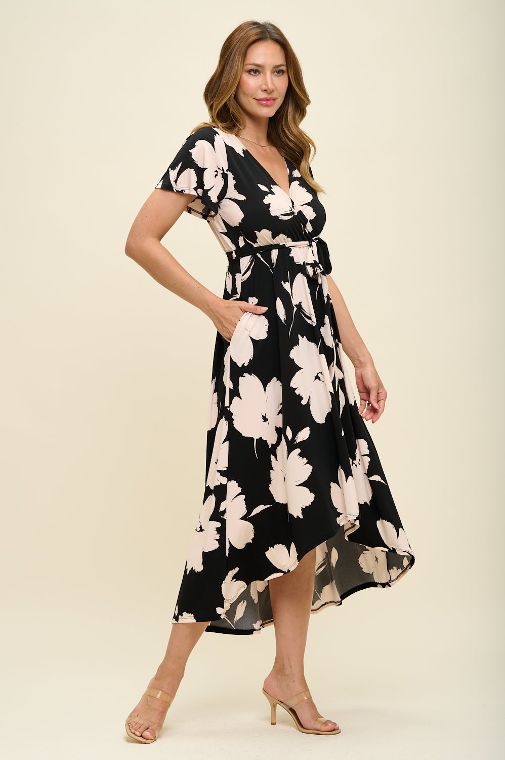 Image of West K Georgia Faux Wrap Knit Dress Black Tan Floral