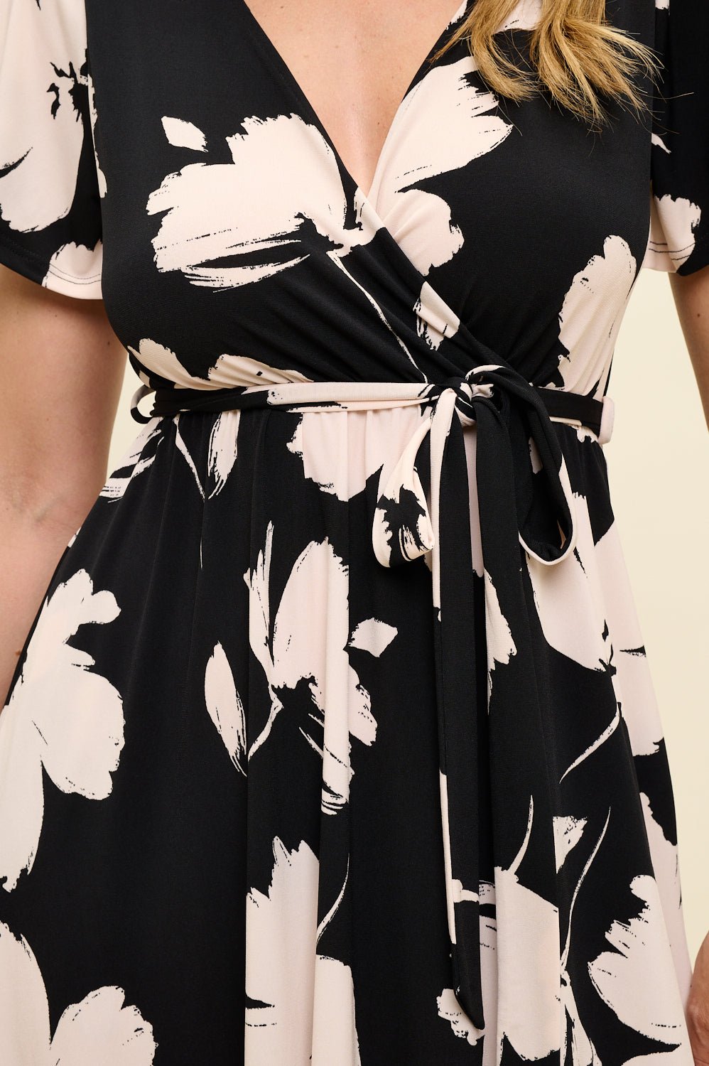 Image of West K Georgia Faux Wrap Knit Dress Black Tan Floral