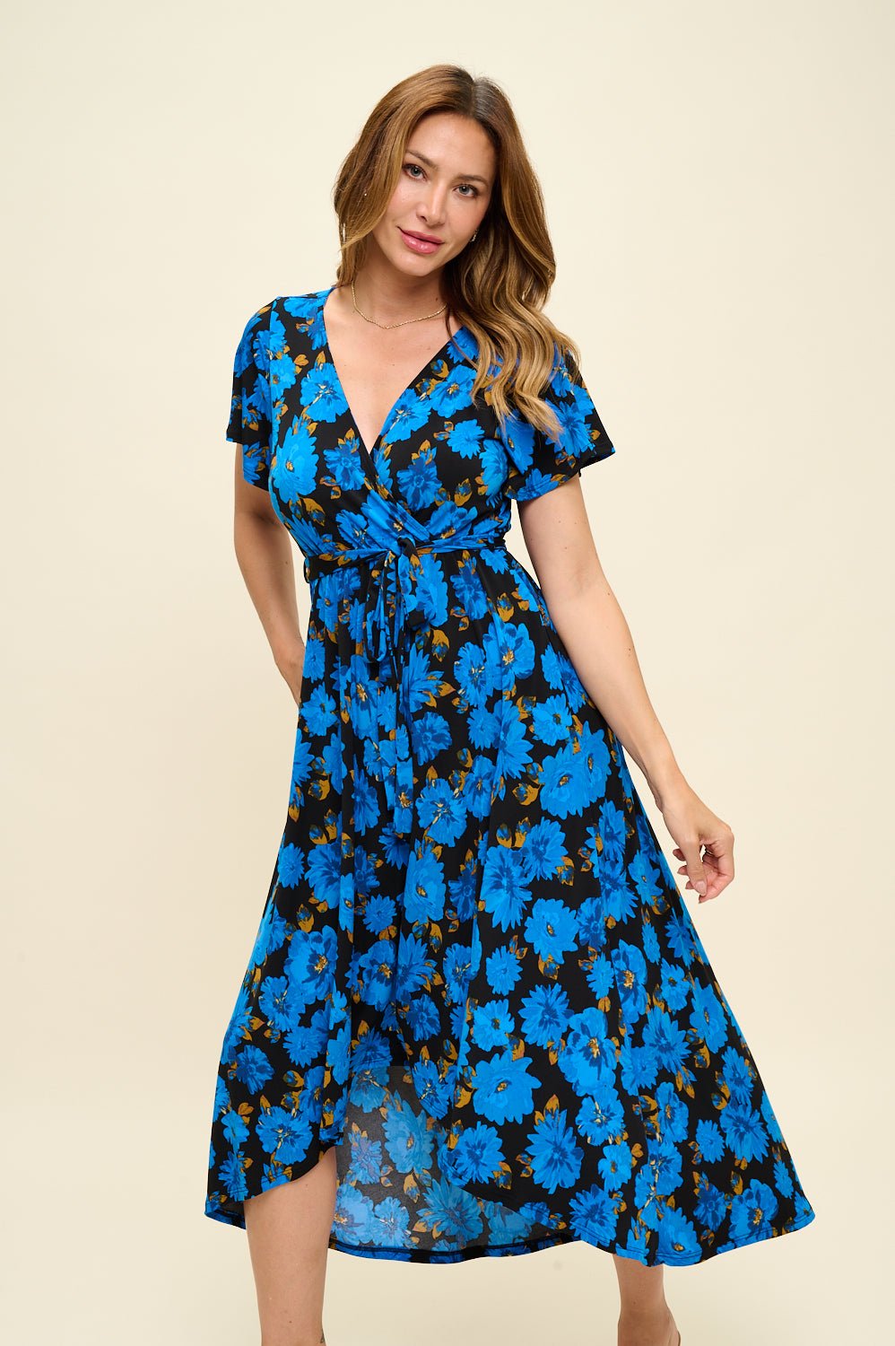 Image of West K Georgia Faux Wrap Knit Dress Cobalt Floral