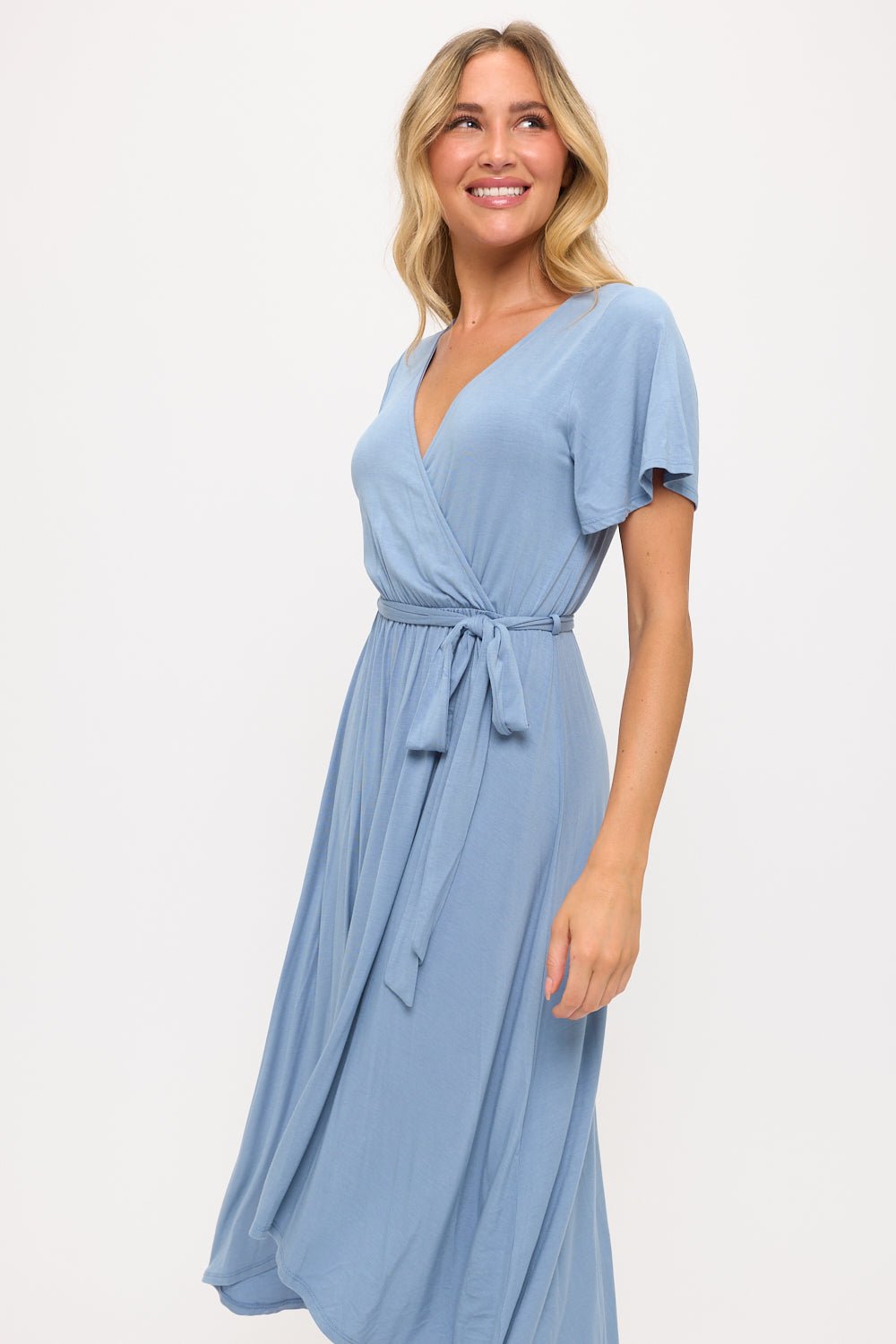 Image of West K Georgia Knee - length Faux Wrap Knit Dress Lt Blue