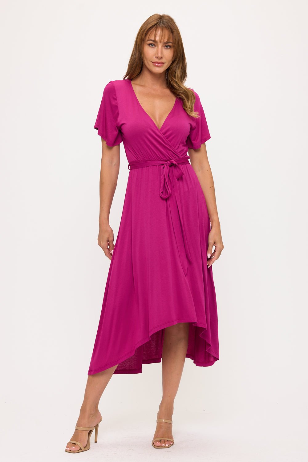 Image of West K Georgia Knee - length Faux Wrap Knit Dress Magenta