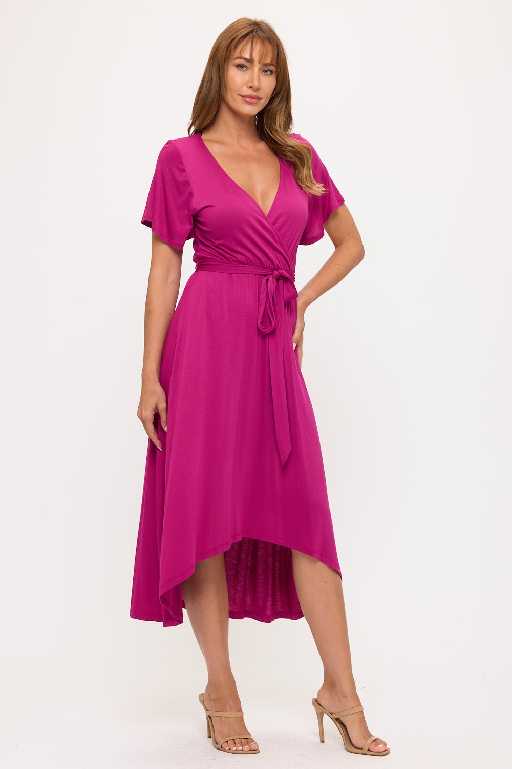 Image of West K Georgia Knee - length Faux Wrap Knit Dress Magenta
