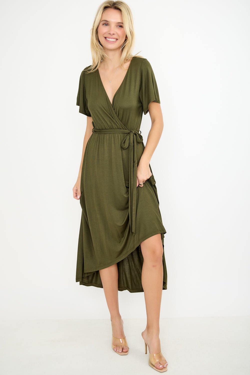 Image of West K Georgia Knee - length Faux Wrap Knit Dress Olive