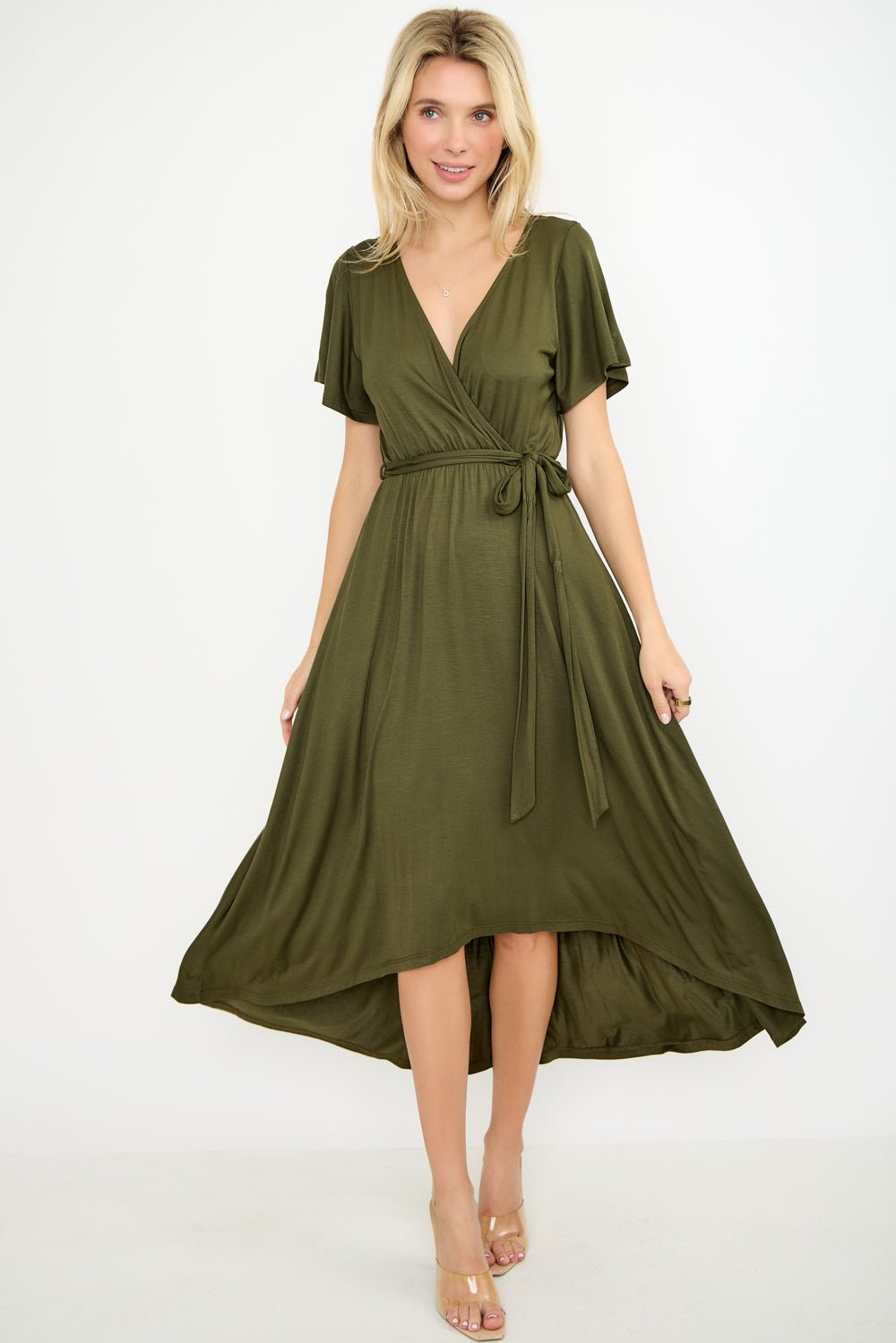 Image of West K Georgia Knee - length Faux Wrap Knit Dress Olive