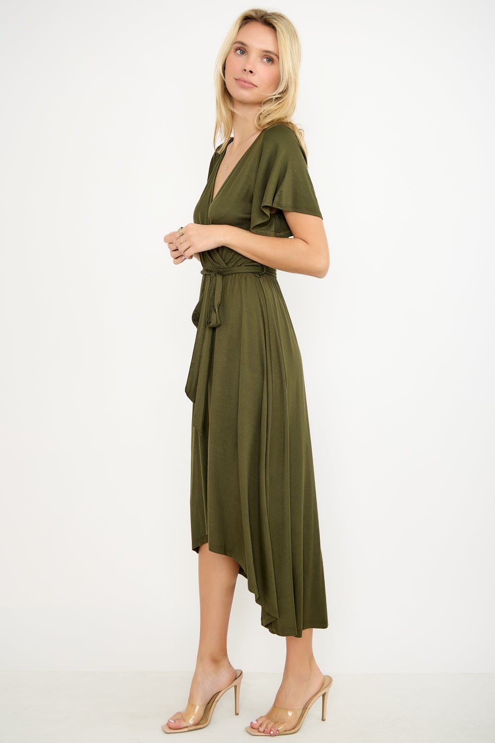 Image of West K Georgia Knee - length Faux Wrap Knit Dress Olive