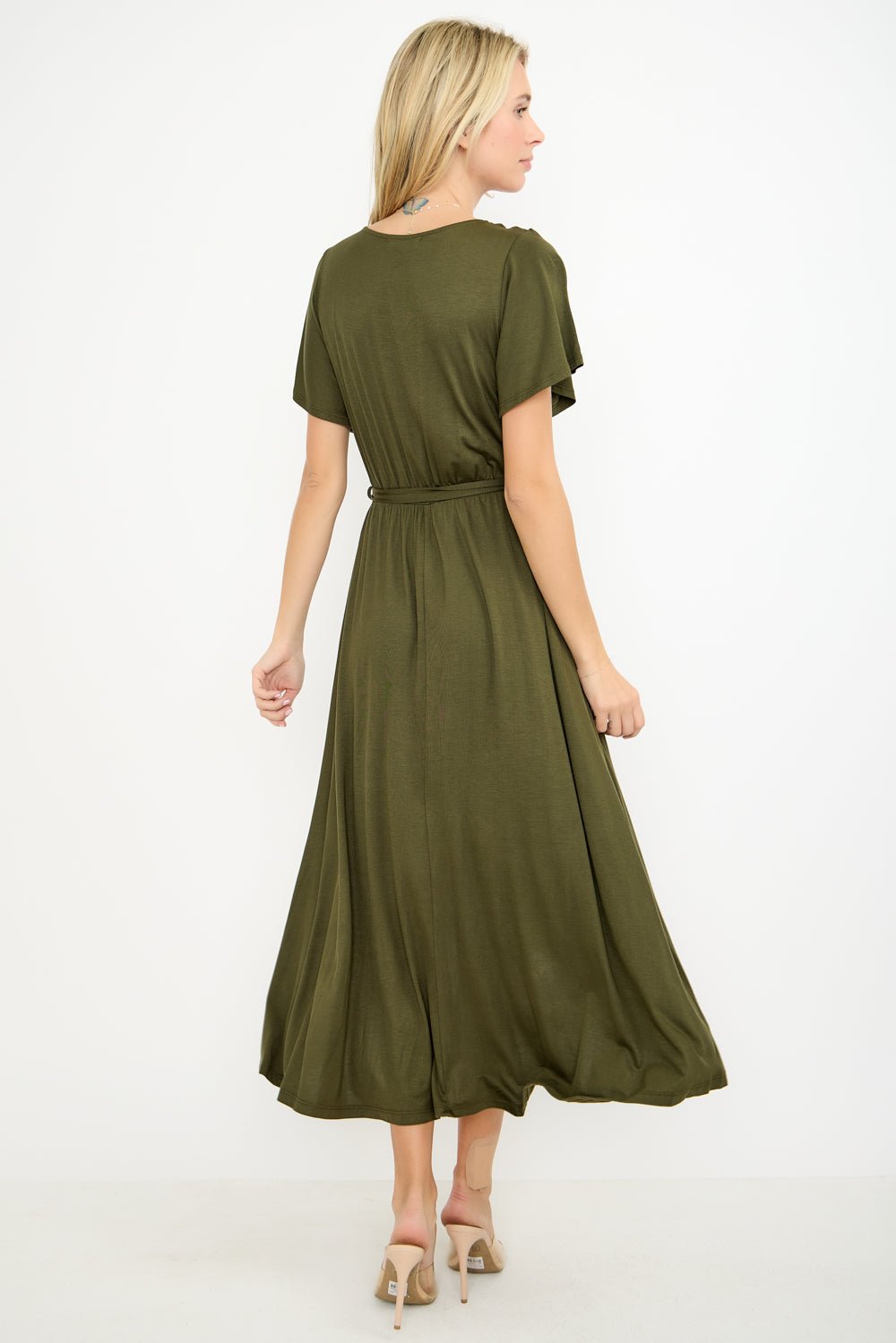 Image of West K Georgia Knee - length Faux Wrap Knit Dress Olive