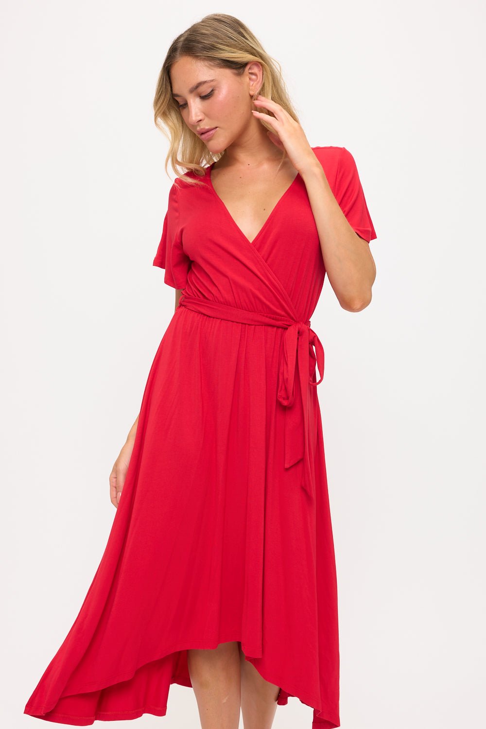 Image of West K Georgia Knee - length Faux Wrap Knit Dress Red