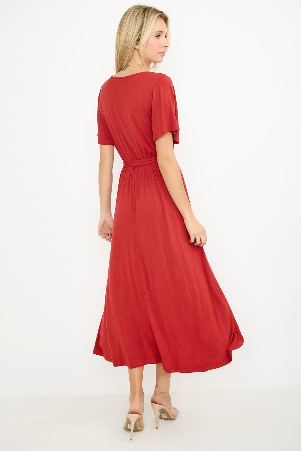 Image of West K Georgia Knee - length Faux Wrap Knit Dress Rust