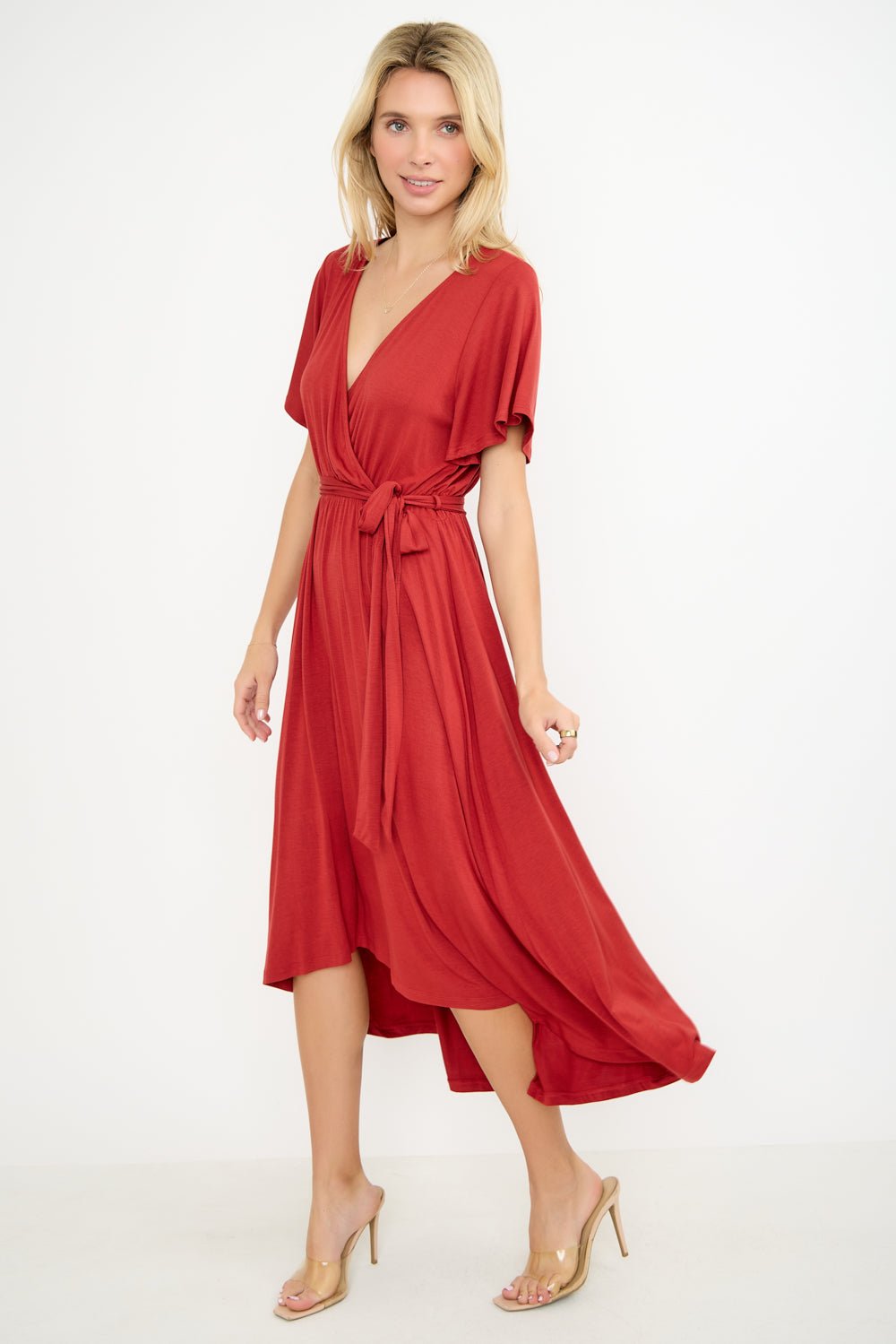 Image of West K Georgia Knee - length Faux Wrap Knit Dress Rust