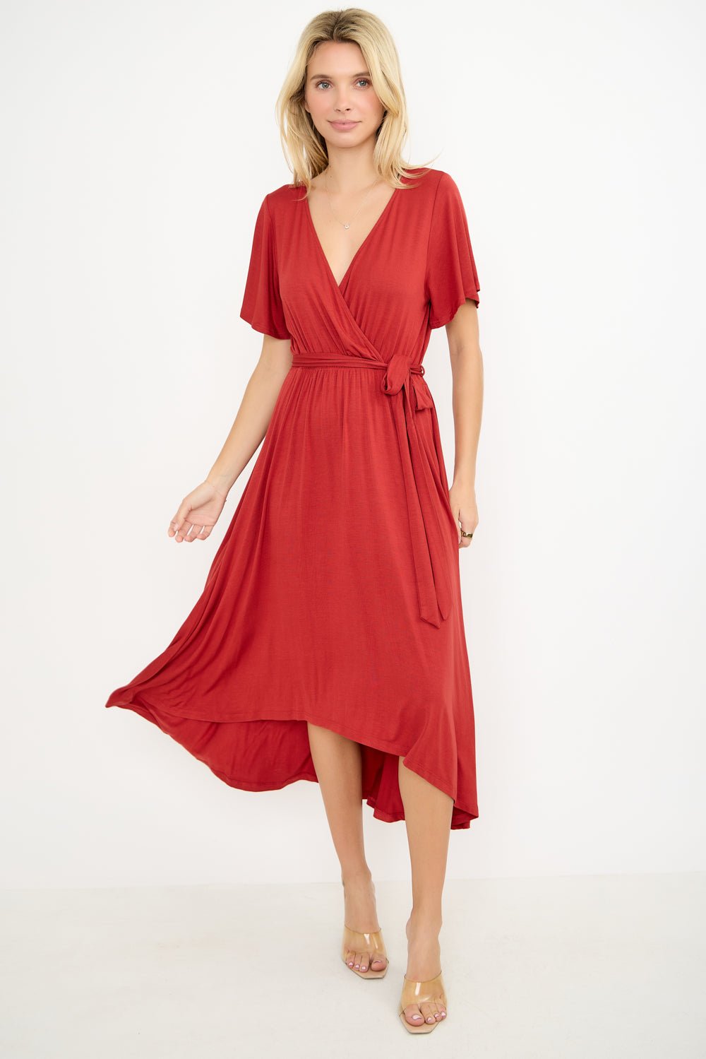 Image of West K Georgia Knee - length Faux Wrap Knit Dress Rust