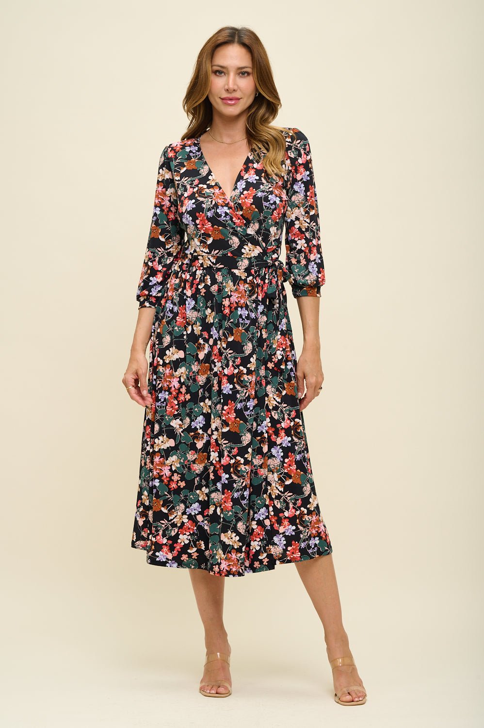 Image of West K Hadley Three Quarter Sleeve Full Wrap Dress Black Red Floral