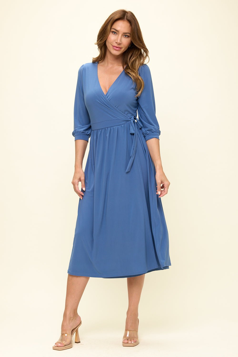 Image of West K Hadley Three Quarter Sleeve Full Wrap Dress Denim Blue