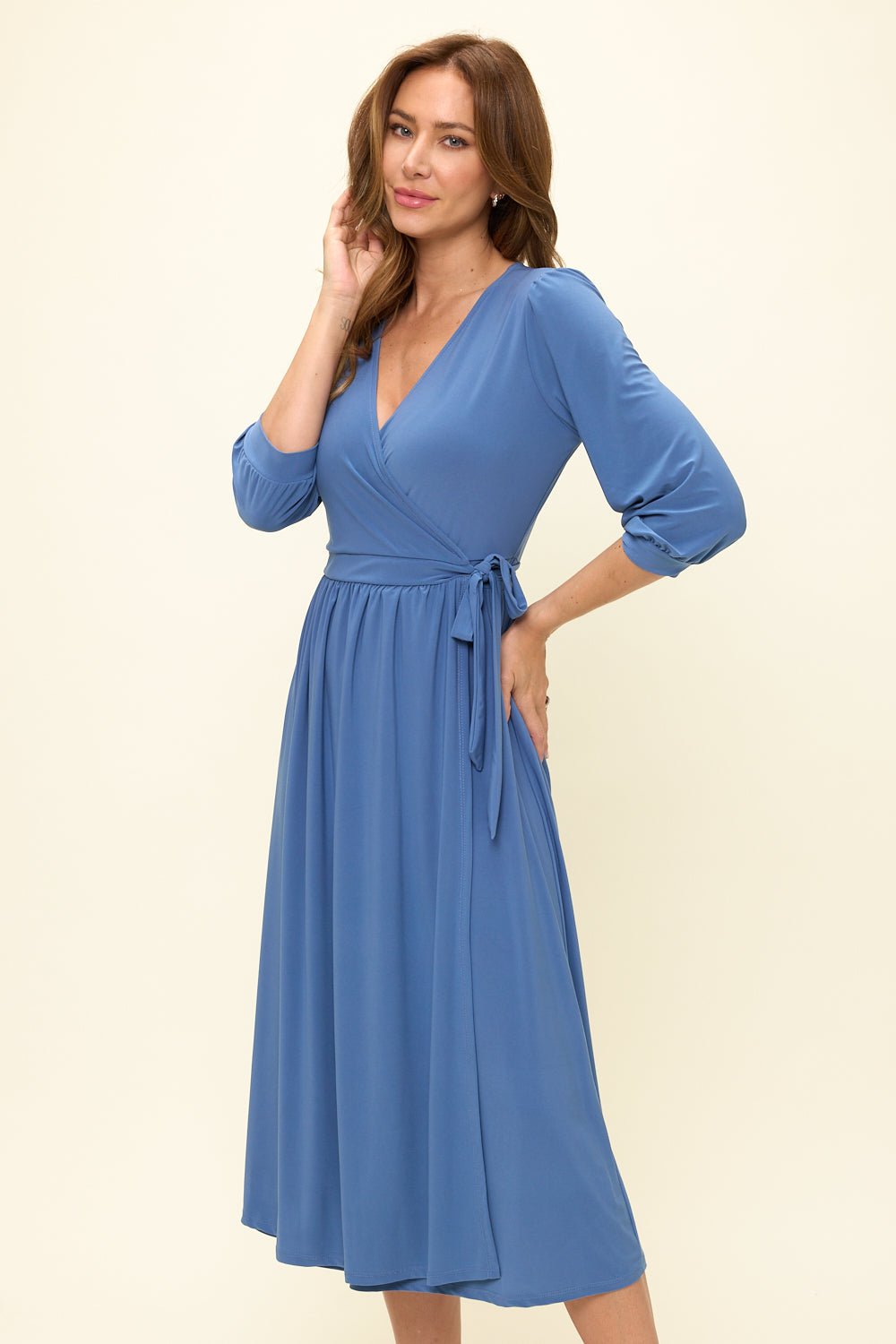 Image of West K Hadley Three Quarter Sleeve Full Wrap Dress Denim Blue