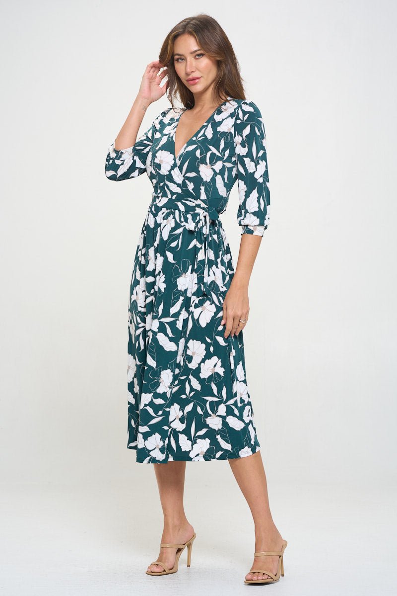 Image of West K Hadley Three Quarter Sleeve Full Wrap Dress Green White Floral