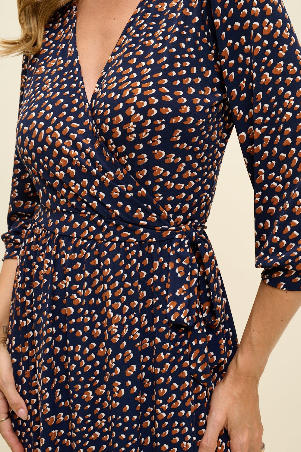 Image of West K Hadley Three Quarter Sleeve Full Wrap Dress Navy Leopards
