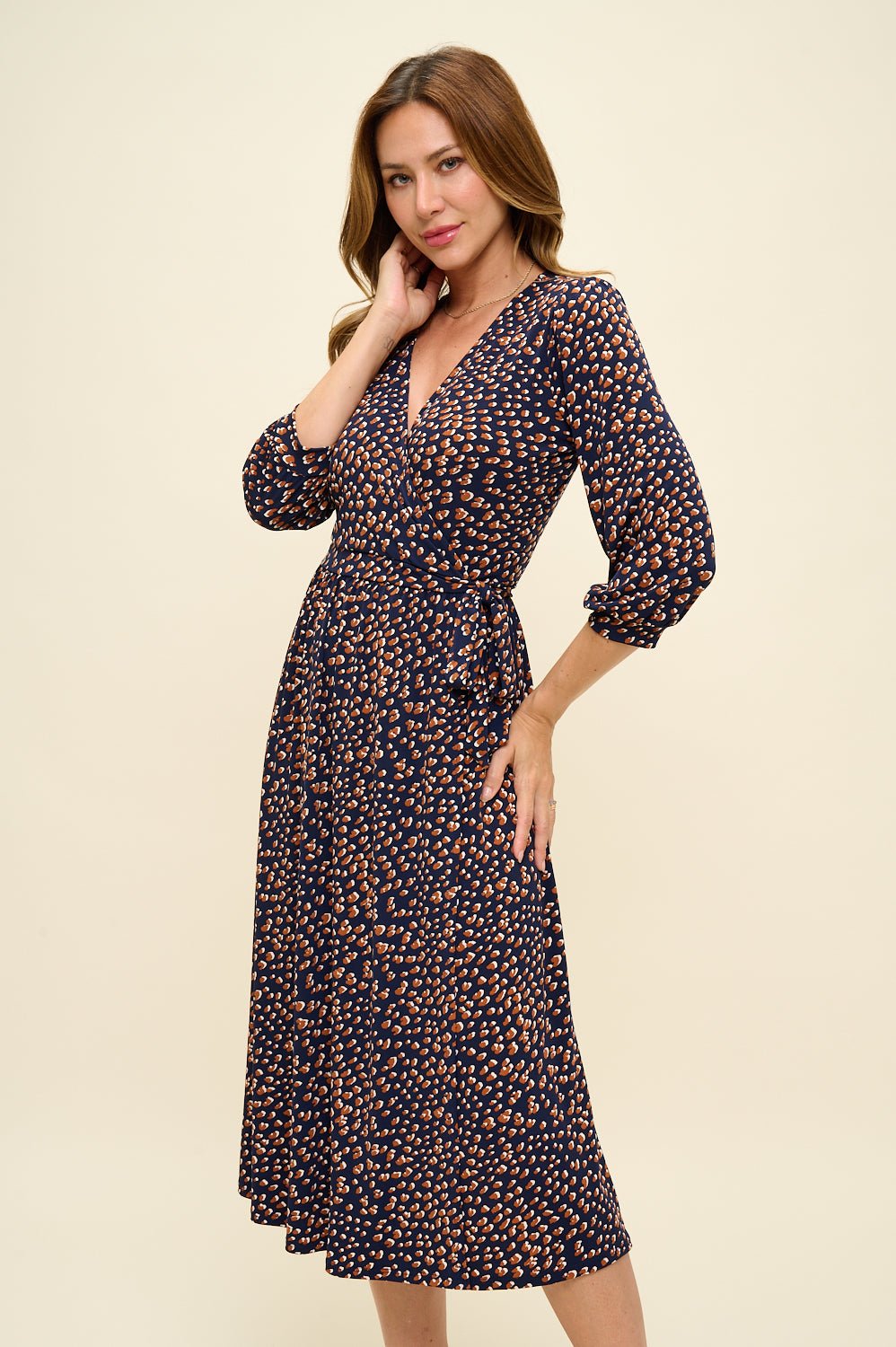 Image of West K Hadley Three Quarter Sleeve Full Wrap Dress Navy Leopards