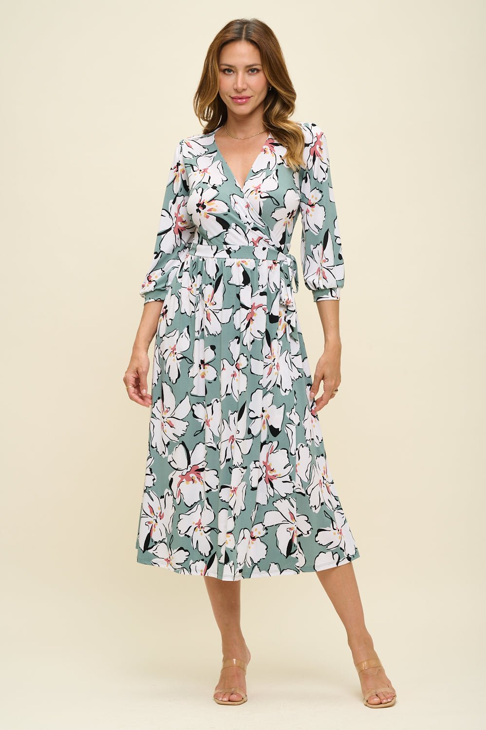 Image of West K Hadley Three Quarter Sleeve Full Wrap Dress Sage Floral