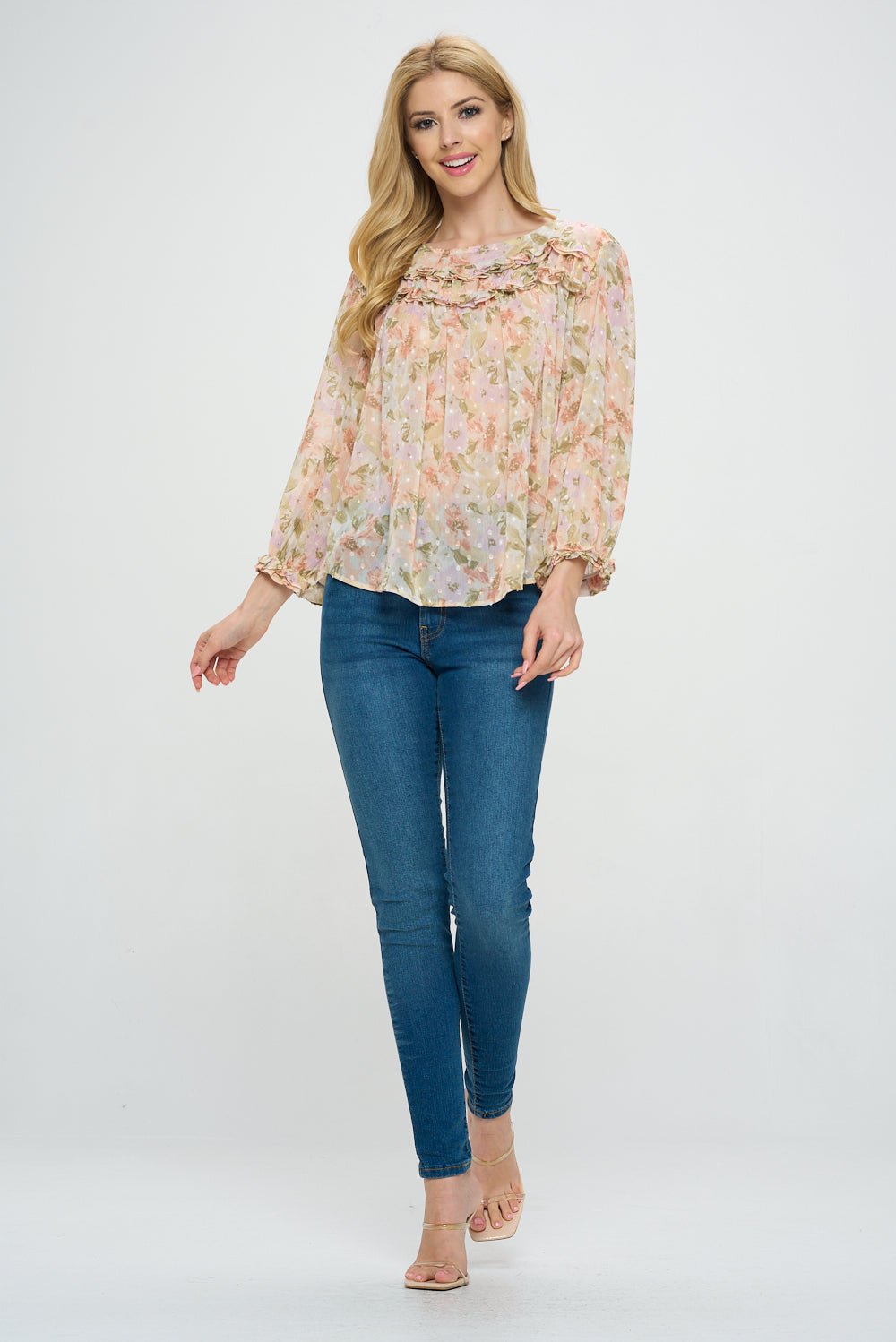 Image of West K Harper Ruffle Neck Blouse Blush Floral