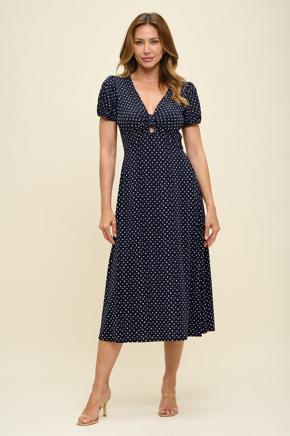 Image of West K Haven Short Sleeve Printed Midi Dress Navy Dots