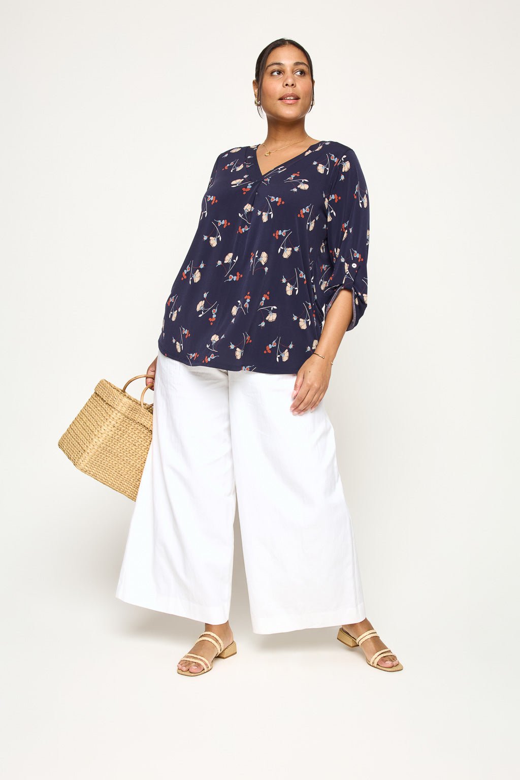 Image of West K Hollie Plus Size Roll - tab Sleeve Knit Blouse Navy Floral Multi
