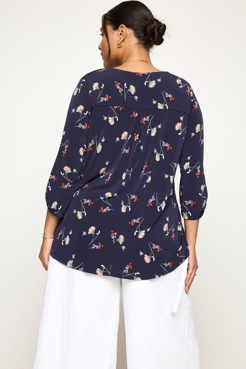 Image of West K Hollie Plus Size Roll - tab Sleeve Knit Blouse Navy Floral Multi