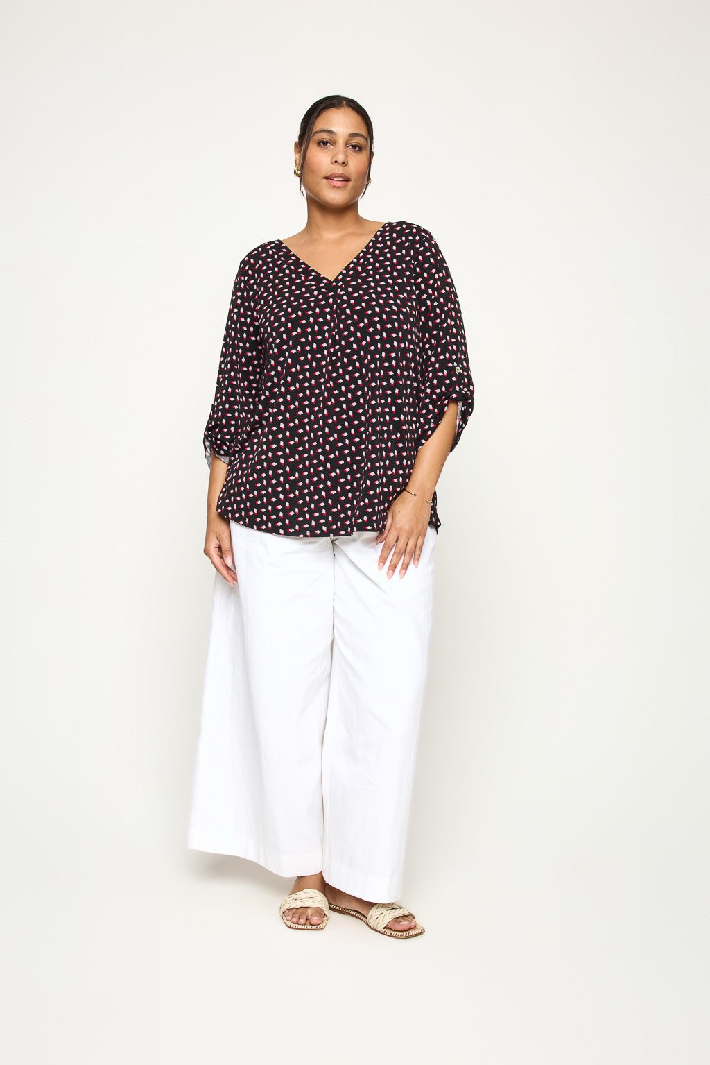 Image of West K Hollie Plus Size Roll - tab Sleeve Knit Blouse Navy Square Multi