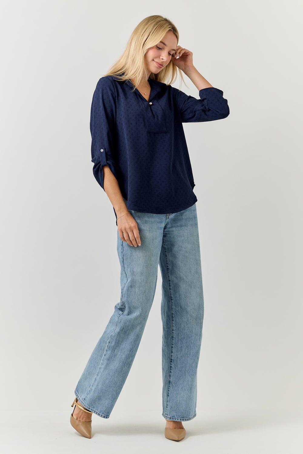Image of West K Ines 3/4 Rolltab Sleeve Collared Blouse Dark Navy