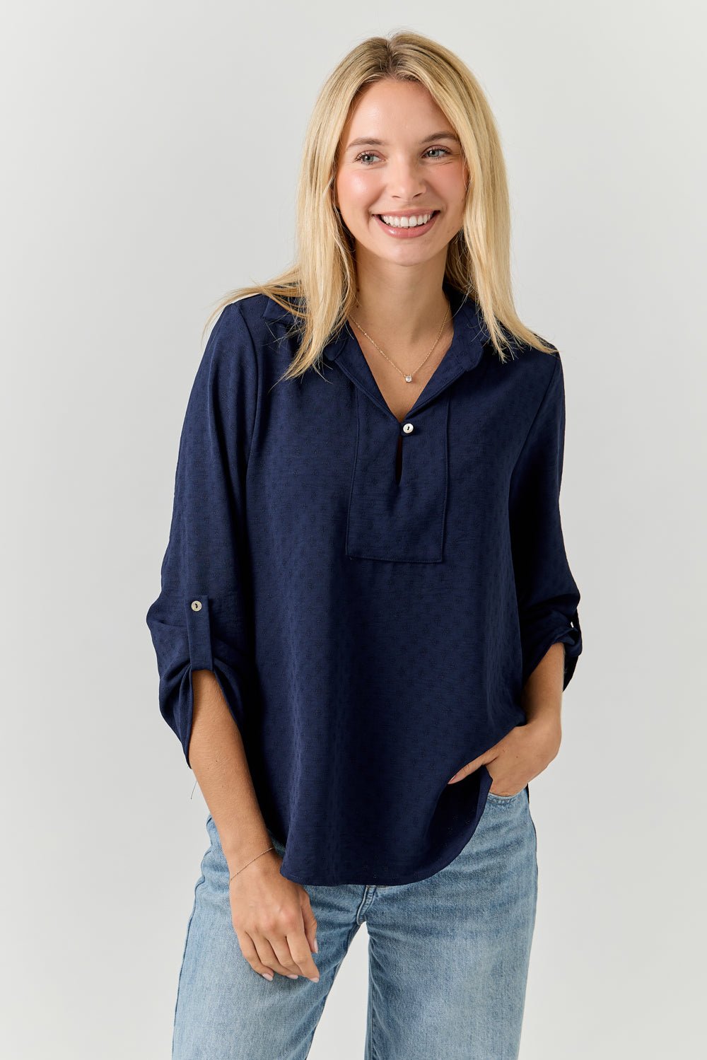 Image of West K Ines 3/4 Rolltab Sleeve Collared Blouse Dark Navy