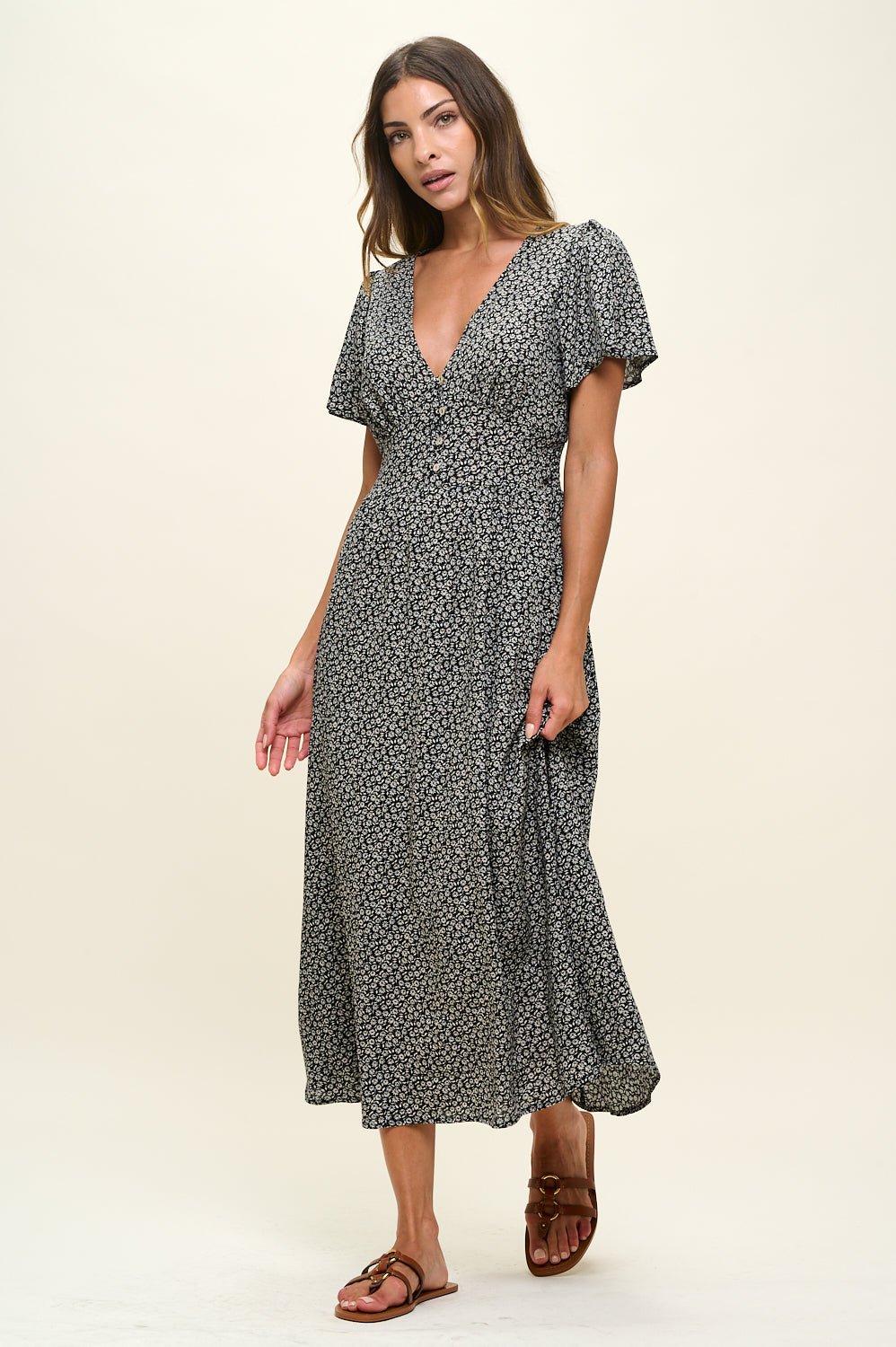 Image of West K Ingrid Flutter Sleeve Gauze Midi Dress Black Ditzy Floral
