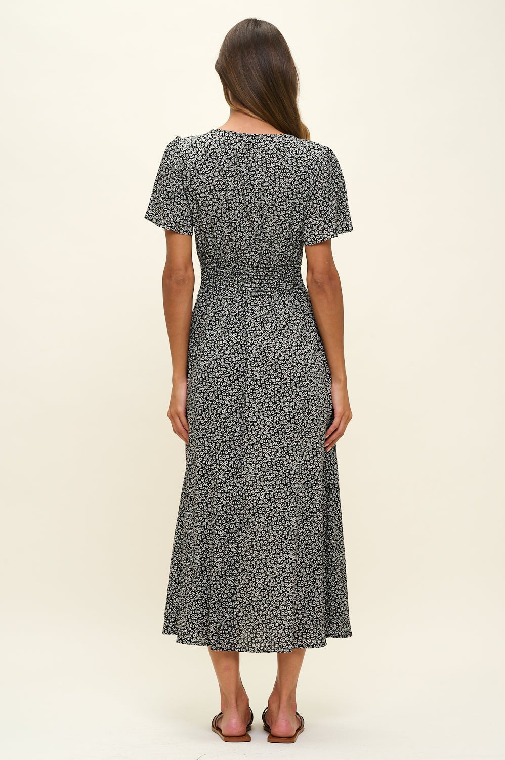 Image of West K Ingrid Flutter Sleeve Gauze Midi Dress Black Ditzy Floral