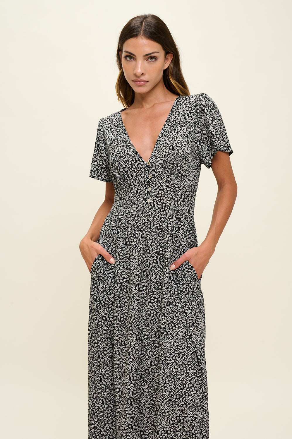 Image of West K Ingrid Flutter Sleeve Gauze Midi Dress Black Ditzy Floral