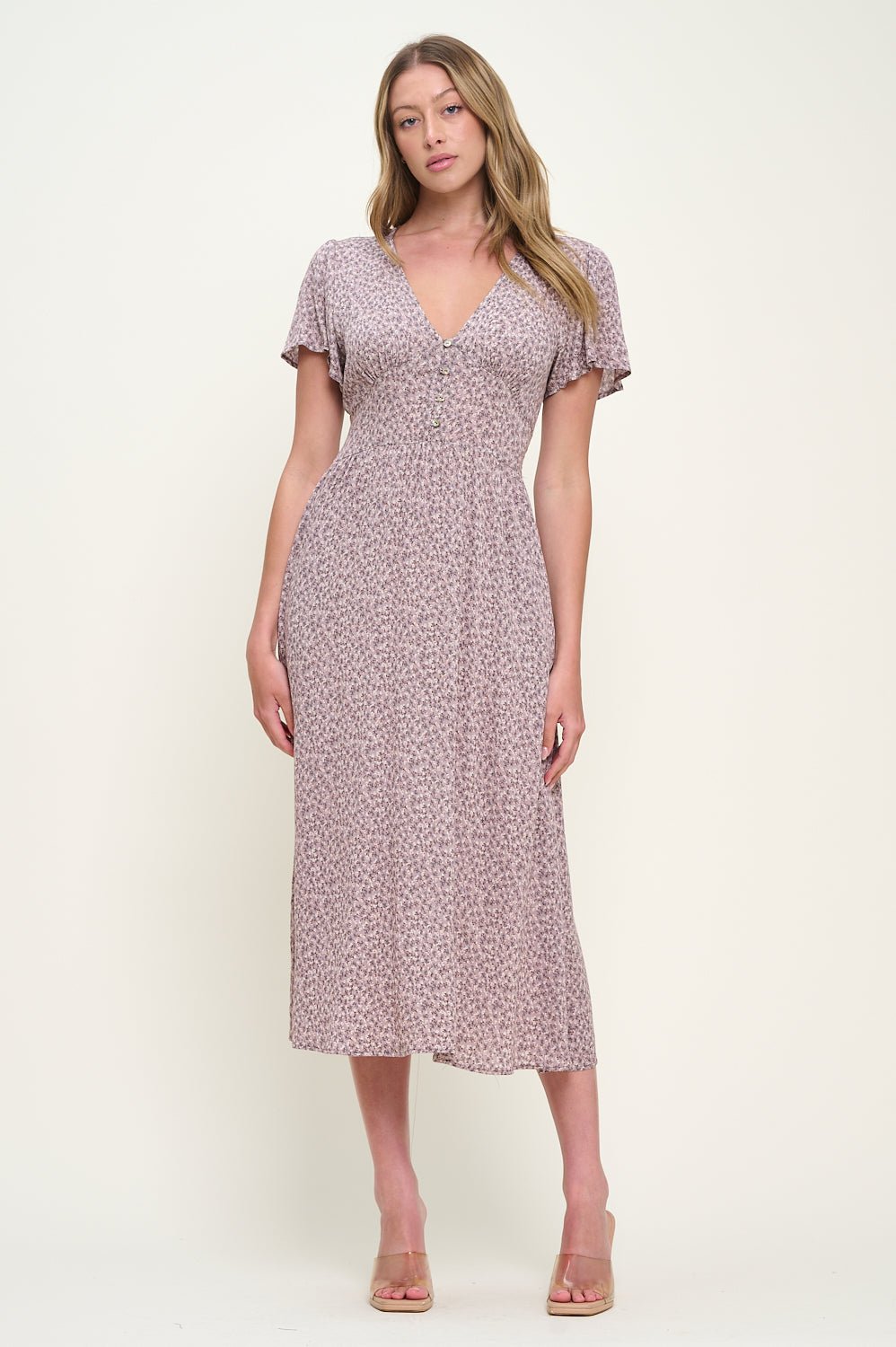 Image of West K Ingrid Flutter Sleeve Gauze Midi Dress Mauve Ditzy Floral