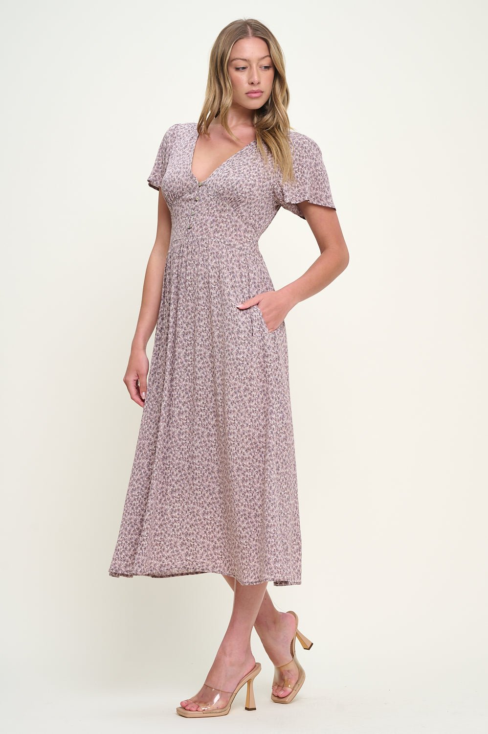 Image of West K Ingrid Flutter Sleeve Gauze Midi Dress Mauve Ditzy Floral