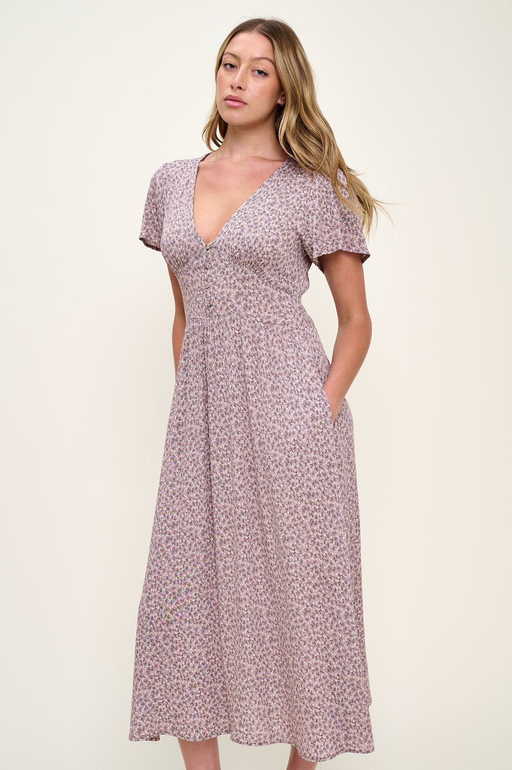 Image of West K Ingrid Flutter Sleeve Gauze Midi Dress Mauve Ditzy Floral