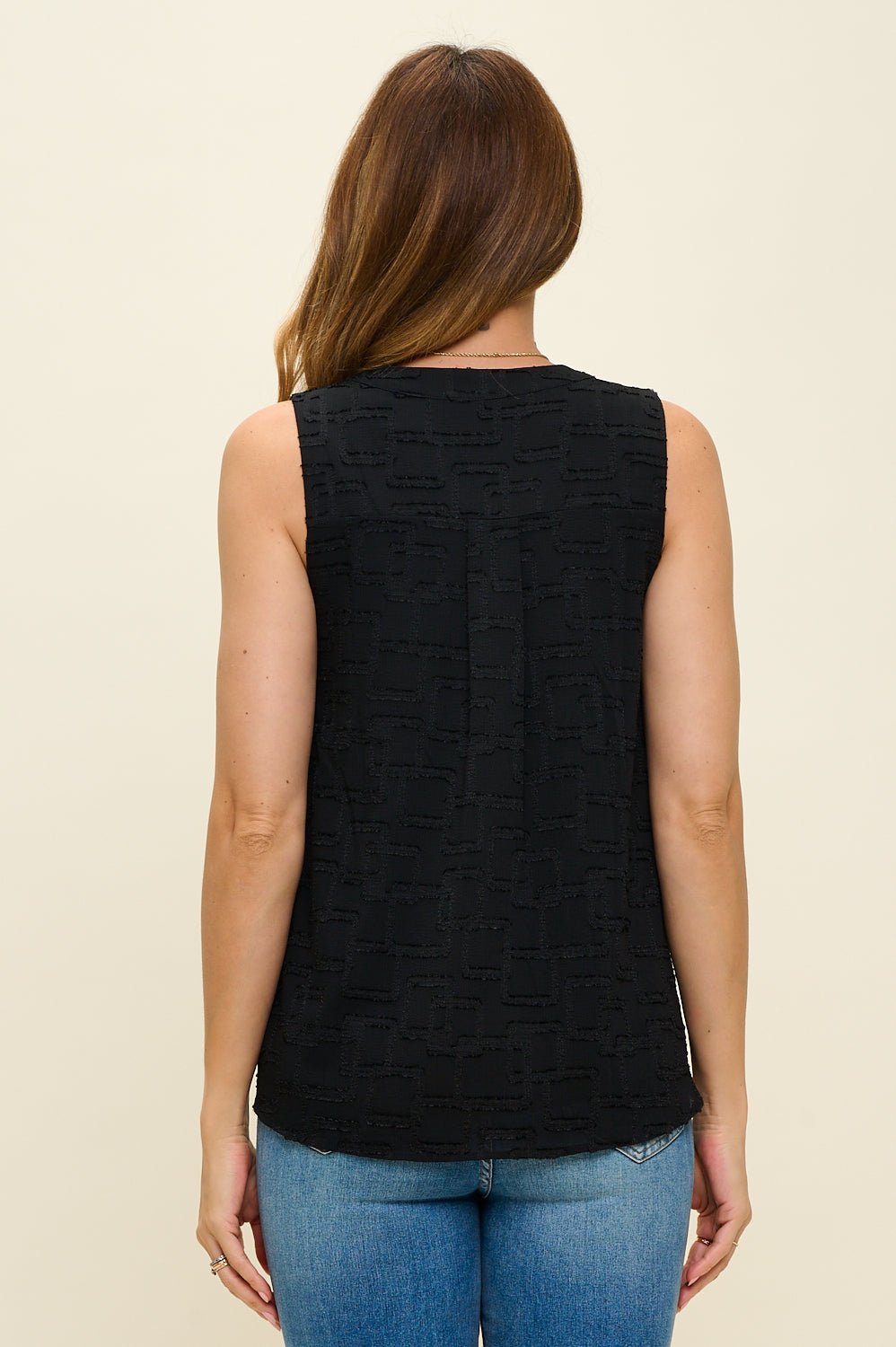 Image of West K Isaline Textured Jacquard Sleeveless Top Black Solid Geo