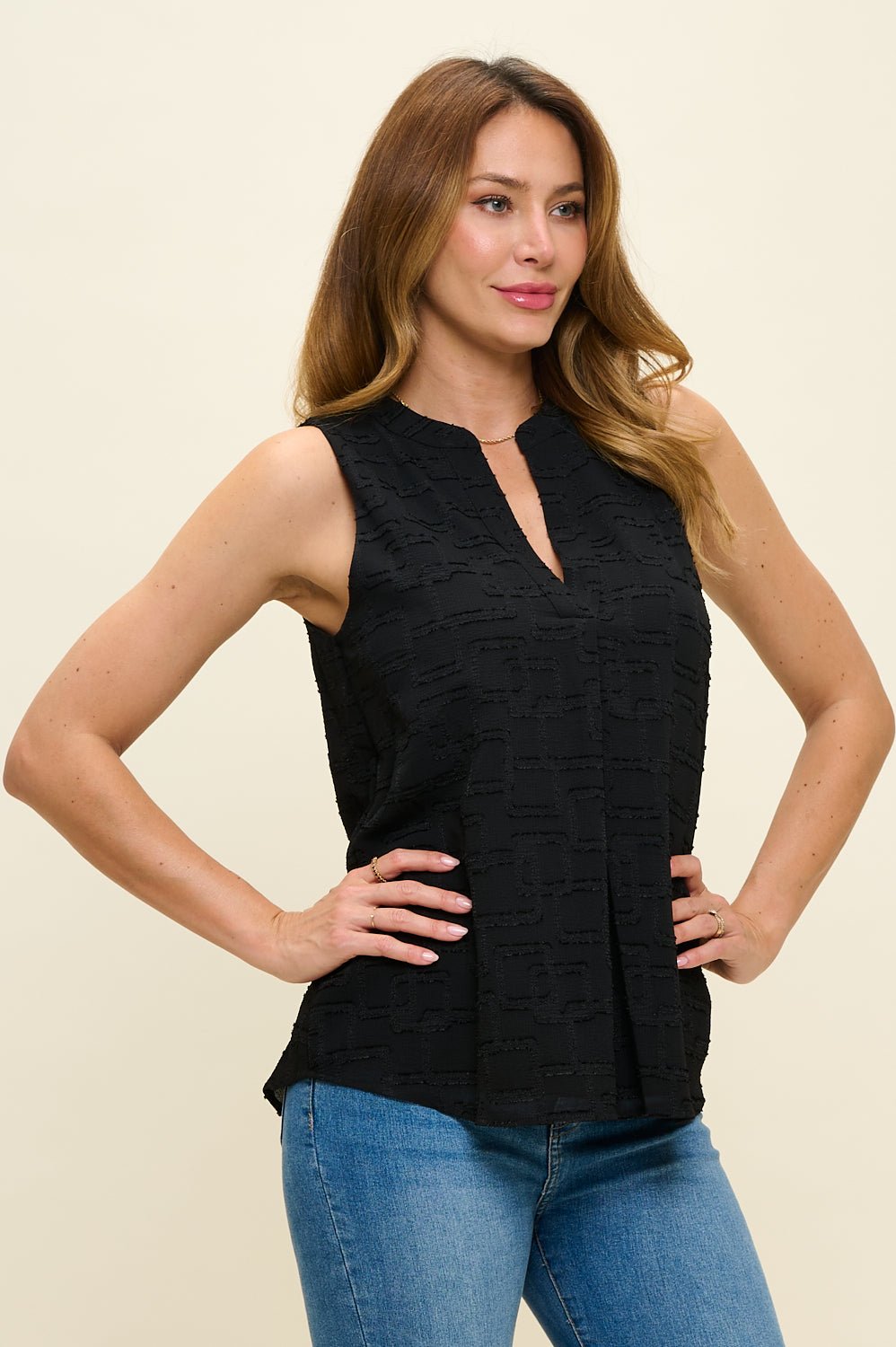 Image of West K Isaline Textured Jacquard Sleeveless Top Black Solid Geo