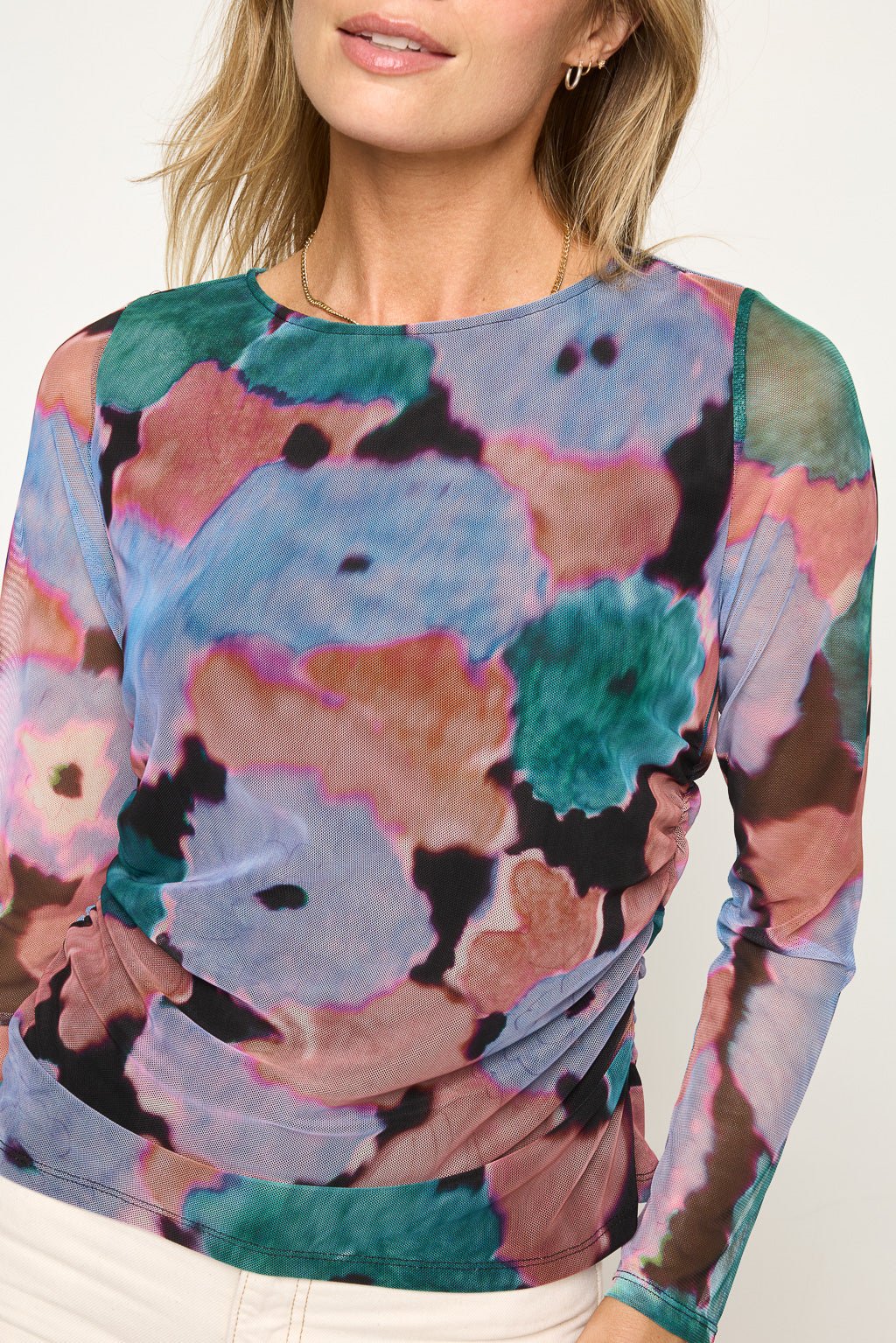 Image of West K Isla Long Sleeve Side Ruched Mesh Top Abstract Multi