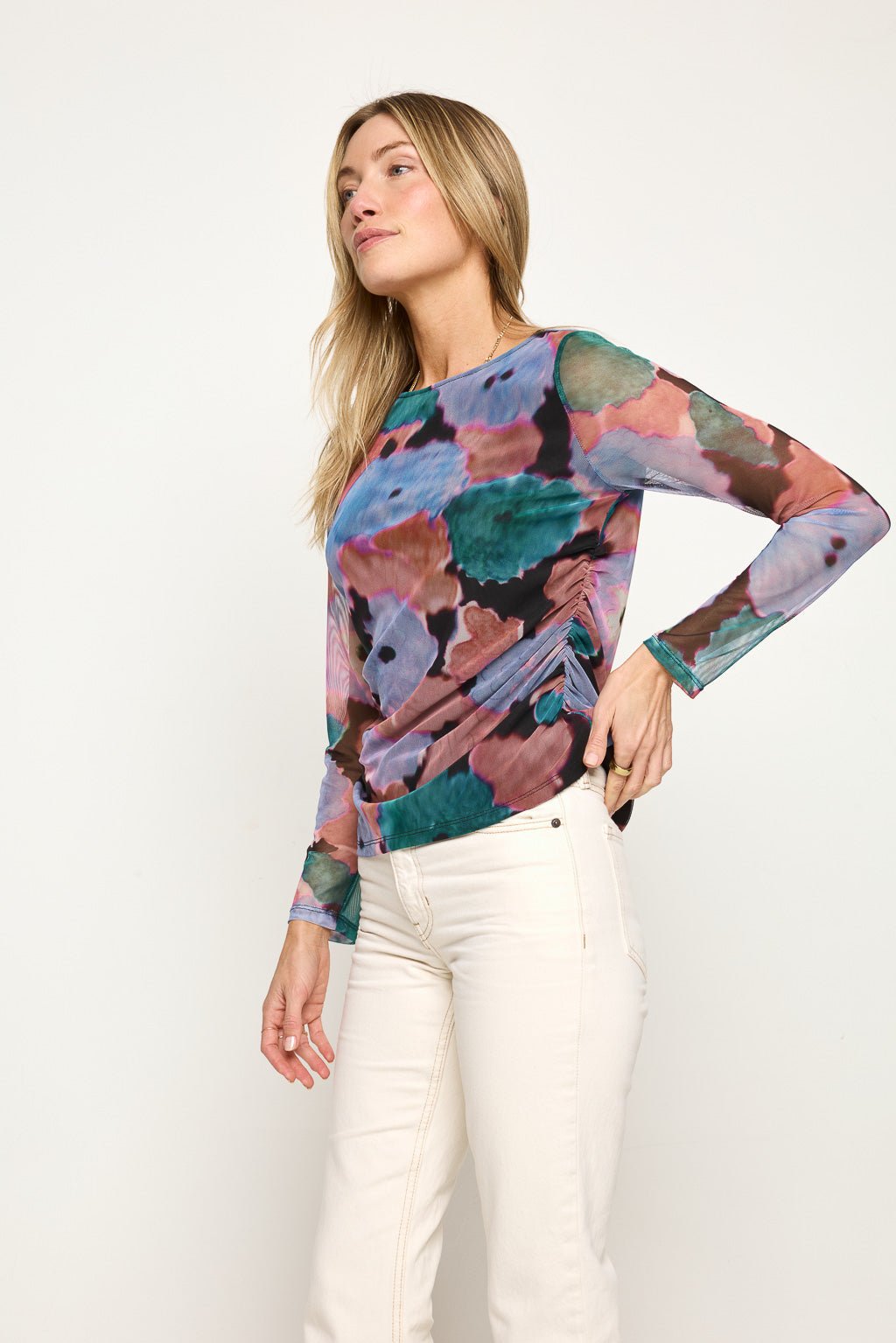 Image of West K Isla Long Sleeve Side Ruched Mesh Top Abstract Multi