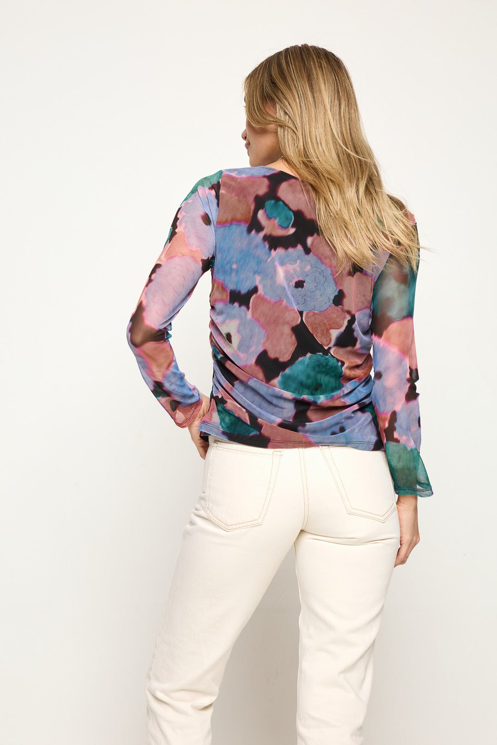 Image of West K Isla Long Sleeve Side Ruched Mesh Top Abstract Multi