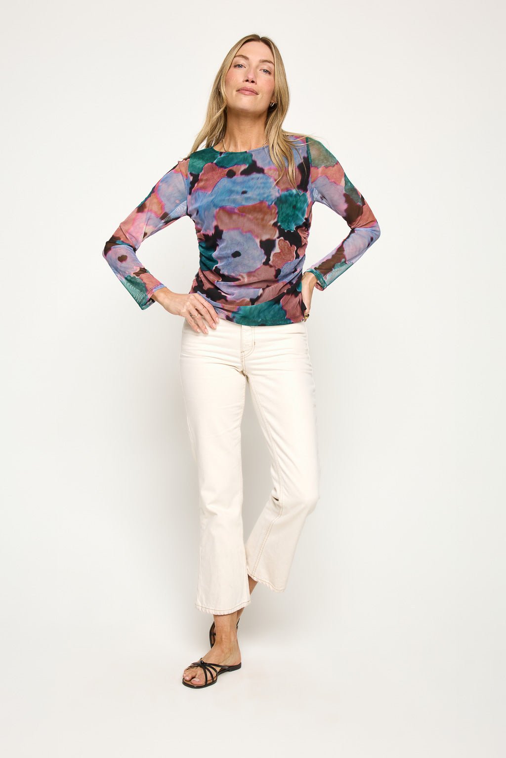 Image of West K Isla Long Sleeve Side Ruched Mesh Top Abstract Multi