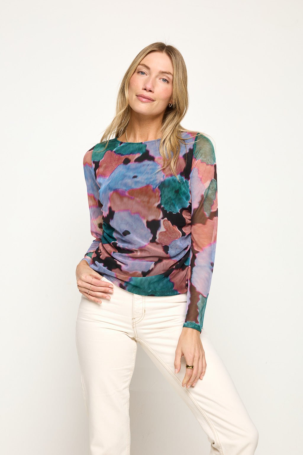 Image of West K Isla Long Sleeve Side Ruched Mesh Top Abstract Multi