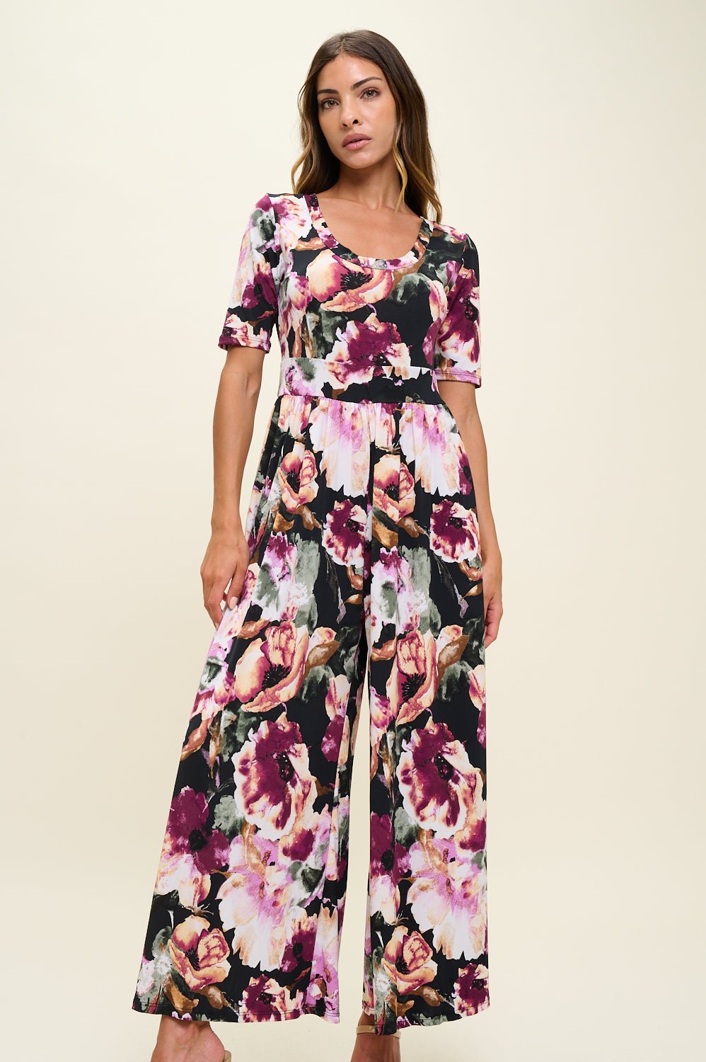 Image of West K Jana Knit Jumpsuit Black Magenta Floral