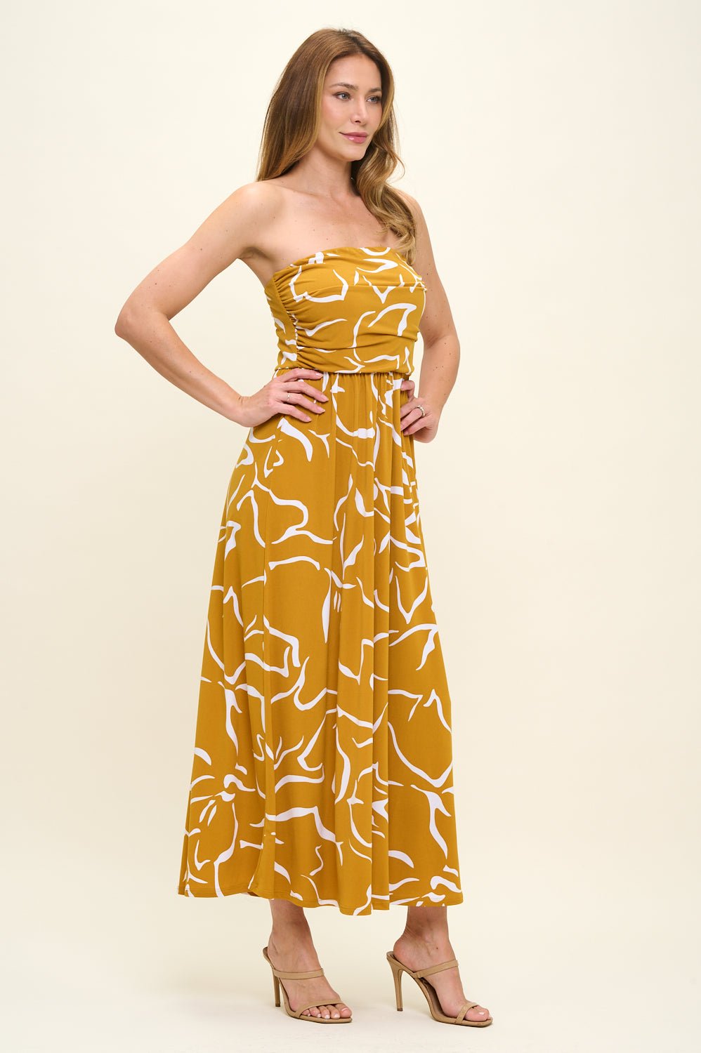 Image of West K Jones Off Shoulder Tube Maxi Dress Yellow Abstract