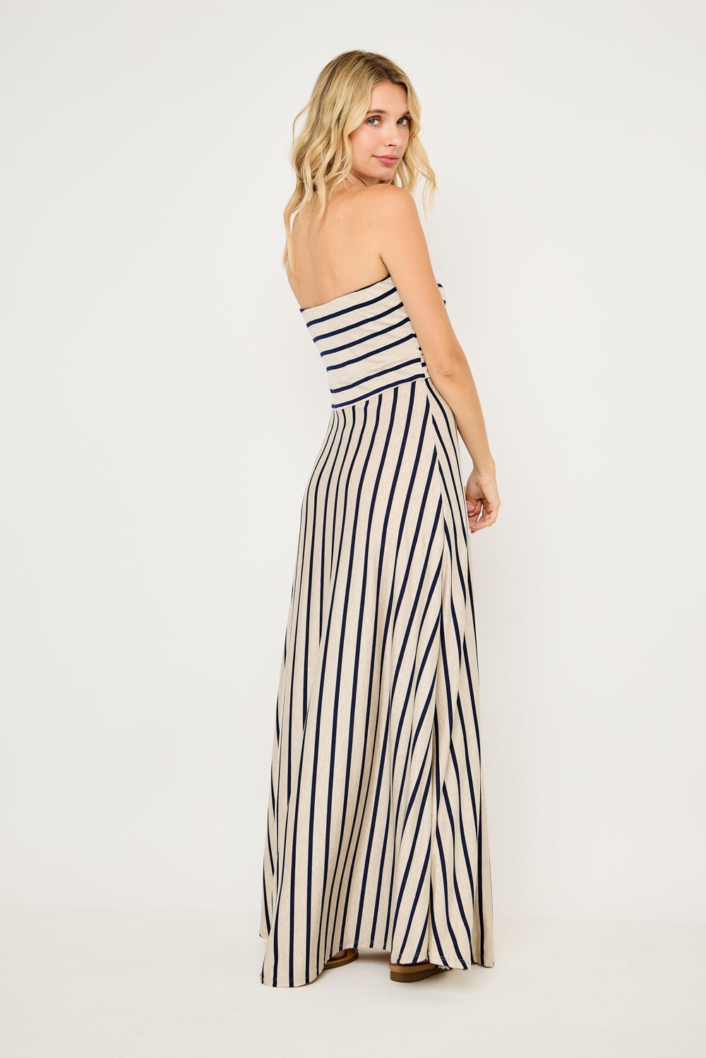 Image of West K Jones Striped Tube Maxi Dress Oatmeal Navy Stripe