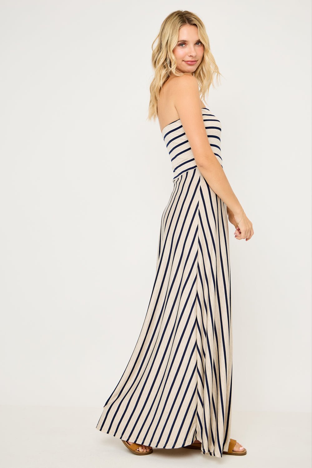 Image of West K Jones Striped Tube Maxi Dress Oatmeal Navy Stripe